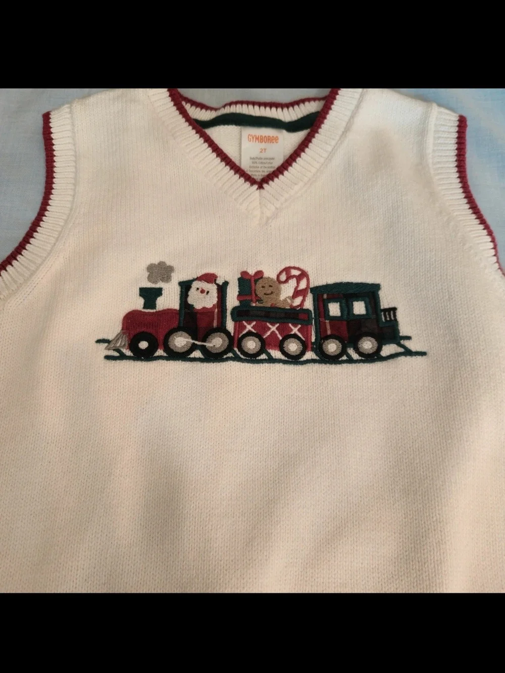 Gymboree Cream Knit V-Neck Vest with Red and Green Trim